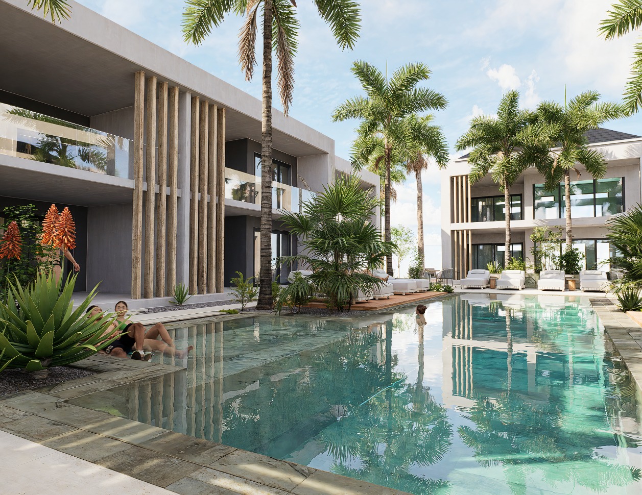 Zwembad met reflecties en moderne gebouwen